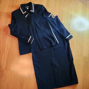 St. John Collection Knit Collared Zip-Front Jacket & Skirt White/Gold Trim Crest